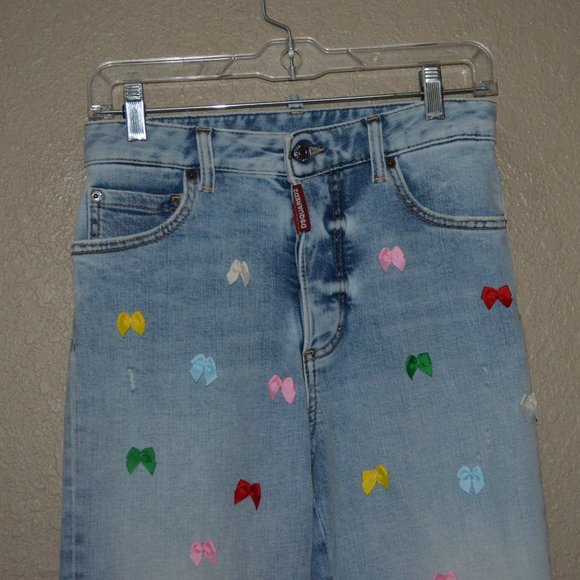 NWOT $1160 38 4 DSQUARED2 Boston Straight Leg Distressed Bow Detail Blue Jeans - Picture 4 of 9